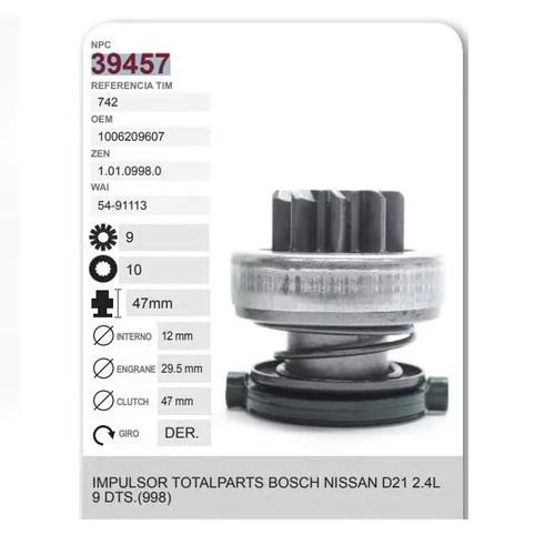 [B09985] Bendix Impulsor De Marcha Bosch D21 2.4 94 96 98 00 02 04 07 -